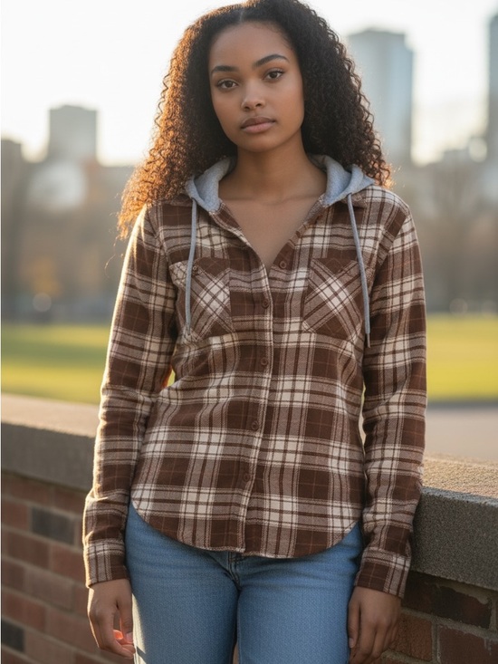 Tops - Women's Brown Plaid Hooded Button-Down Shirt